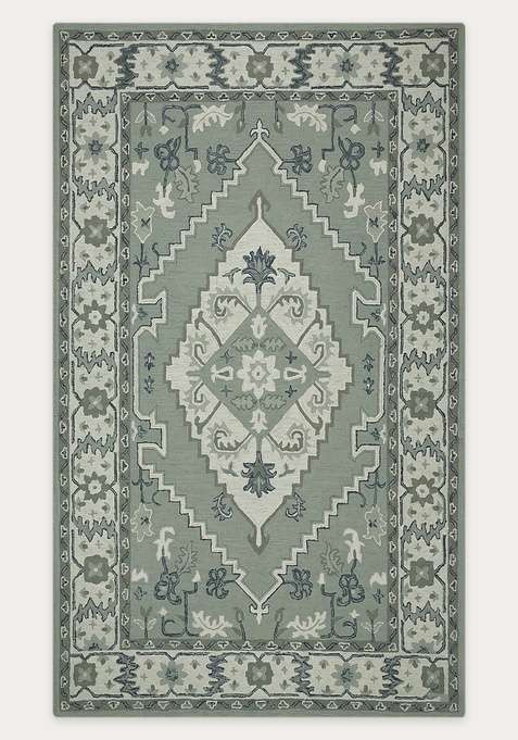 100% Wool Handmade Sage Green Rug | Oriental Floral Carpet With Cotton Backing For Living Room