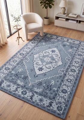 Saffron Rugs Hand Tufted Steel Blue Floral Oriental Rectangular Wool Area Rug