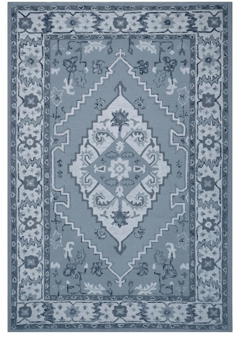 Saffron Rugs Hand Tufted Steel Blue Floral Oriental Rectangular Wool Area Rug - Indya