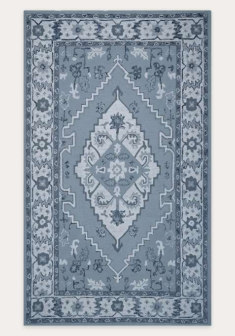 100% Wool Handmade Steel Blue Rug | Oriental Floral Carpet With Cotton Backing For Living Room