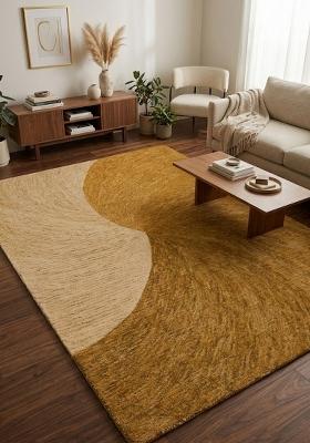 Saffron Rugs Hand Tufted Golden Brown Swirls Contemporary Rectangular Wool Area Rug