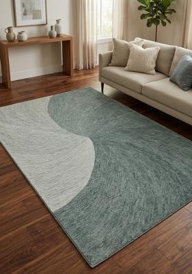Saffron Rugs Hand Tufted Teal Grey Swirls Contemporary Rectangular Wool Area Rug