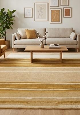 Saffron Rugs Hand Tufted Golden Beige Striped Contemporary Rectangular Wool Area Rug