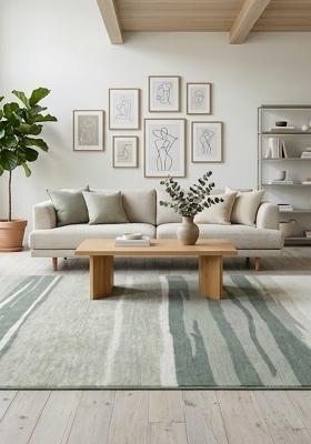 Saffron Rugs Hand Tufted Sage Grey Green Striped Contemporary Rectangular Wool Area Rug