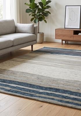 Saffron Rugs Hand Tufted Blue Grey Beige Striped Contemporary Rectangular Wool Area Rug
