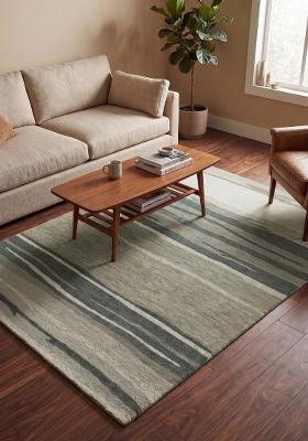 Saffron Rugs Hand Tufted Grey Green Striped Contemporary Rectangular Wool Area Rug
