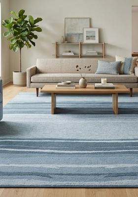 Saffron Rugs Hand Tufted Steel Blue Striped Contemporary Rectangular Wool Area Rug