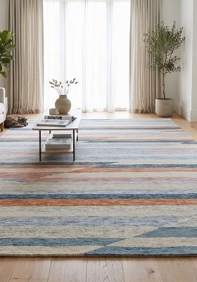 Saffron Rugs Hand Tufted Beige Blue Orange Striped Contemporary Rectangular Wool Area Rug