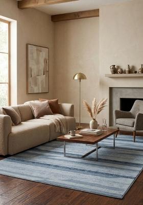 Saffron Rugs Hand Tufted Steel Blue Striped Contemporary Rectangular Wool Area Rug