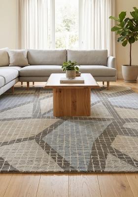 Saffron Rugs Hand Tufted Blue Grey Beige Geometric Contemporary Rectangular Wool Area Rug