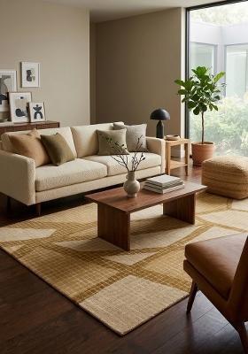 Saffron Rugs Hand Tufted Golden Beige Geometric Contemporary Rectangular Wool Area Rug