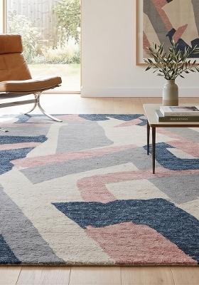 Saffron Rugs Hand Tufted Grey Navy Pink Geometric Contemporary Rectangular Wool Area Rug