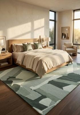 Saffron Rugs Hand Tufted Sage Green Geometric Contemporary Rectangular Wool Area Rug