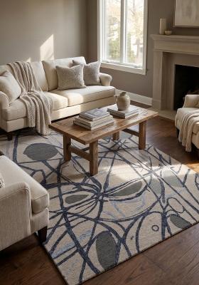 Saffron Rugs Hand Tufted Cream Beige Swirls Contemporary Rectangular Wool Area Rug