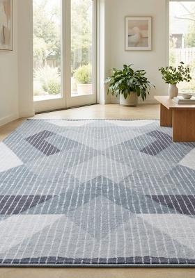 Saffron Rugs Hand Tufted Steel Blue Grey Geometric Contemporary Rectangular Wool Area Rug