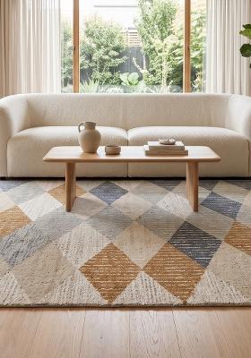 Saffron Rugs Hand Tufted Grey Beige Amber Geometric Contemporary Rectangular Wool Area Rug