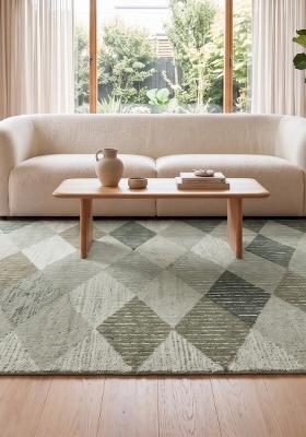 Saffron Rugs Hand Tufted Sage Green Geometric Contemporary Rectangular Wool Area Rug