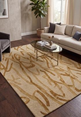 Saffron Rugs Hand Tufted Beige Gold Swirls Contemporary Rectangular Wool Area Rug