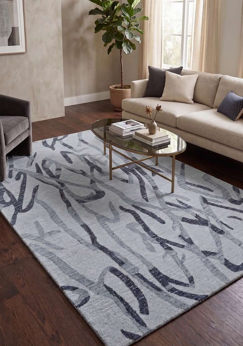 Saffron Rugs Hand-Tufted 100% Wool Area Rug | Light Blue Grey Rectangular Rug | Cotton Backing | Contemporary Swirls Carpet for Living Room - Indya