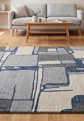 Saffron Rugs Hand Tufted Blue Grey Geometric Contemporary Rectangular Wool Area Rug