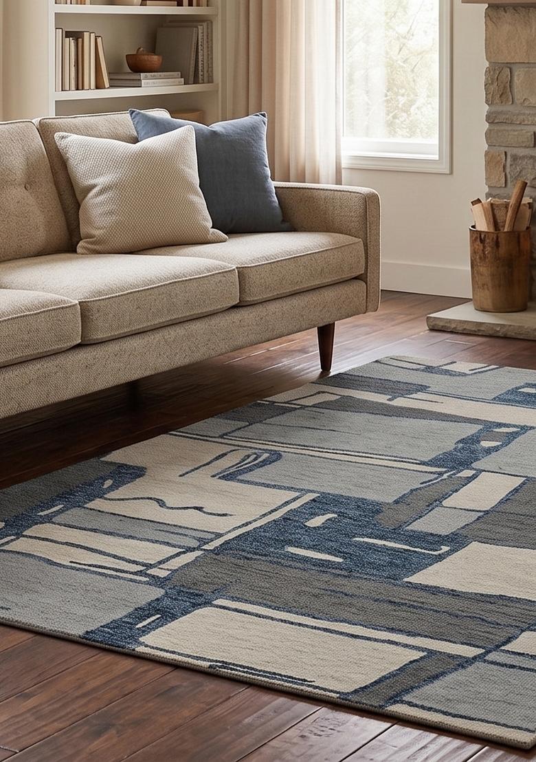 Saffron Rugs Hand Tufted Blue Grey Geometric Contemporary Rectangular Wool Area Rug - Indya