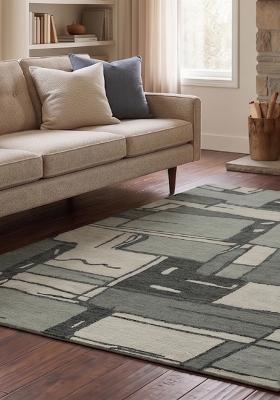 Saffron Rugs Hand Tufted Grey Green Geometric Contemporary Rectangular Wool Area Rug