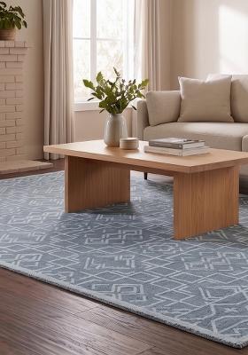 Saffron Rugs Hand Tufted Steel Blue Geometric Moroccan Rectangular Wool Area Rug