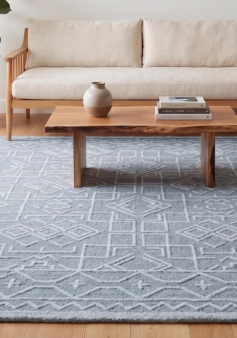 Saffron Rugs Hand Tufted Steel Blue Geometric Moroccan Rectangular Wool Area Rug - Indya