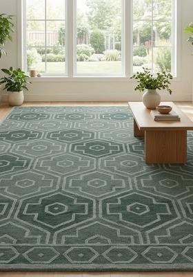 Saffron Rugs Hand Tufted Sage Green 2 Geometric Transitional Rectangular Wool Area Rug