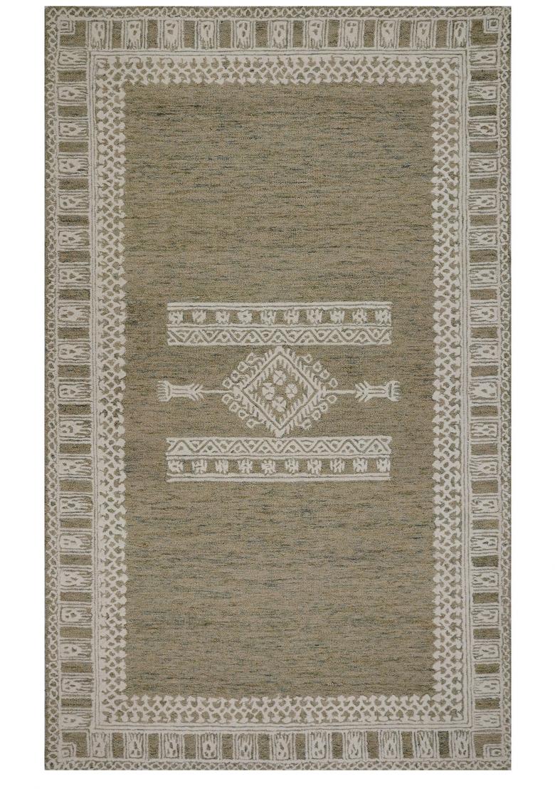 Saffron Rugs Hand Tufted Olive Green Geometric Bohemian Rectangular Wool Area Rug - Indya