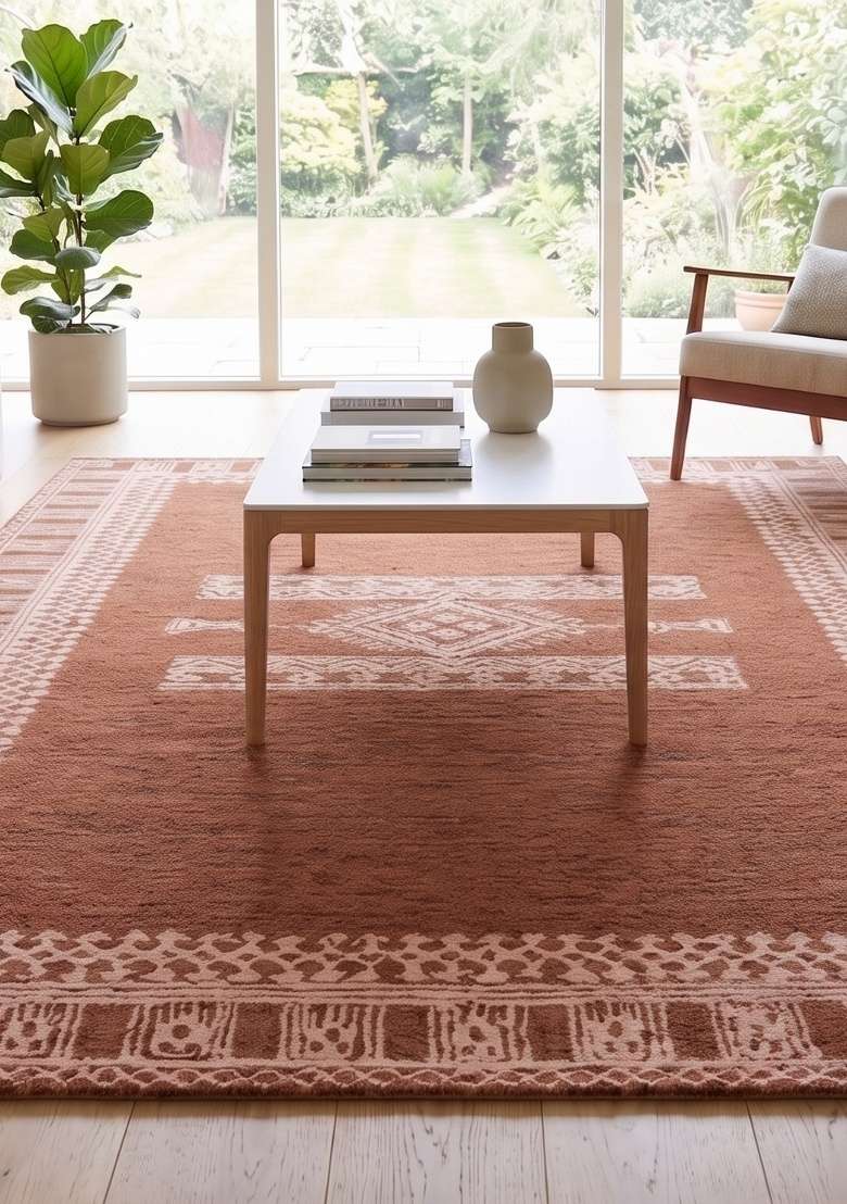 Saffron Rugs Hand-Tufted 100% Wool Area Rug | Terracotta Brown Rectangular Rug | Cotton Backing | Bohemian Geometric Carpet for Living Room - Indya