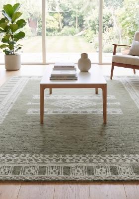 Saffron Rugs Hand Tufted Sage Green Geometric Bohemian Rectangular Wool Area Rug