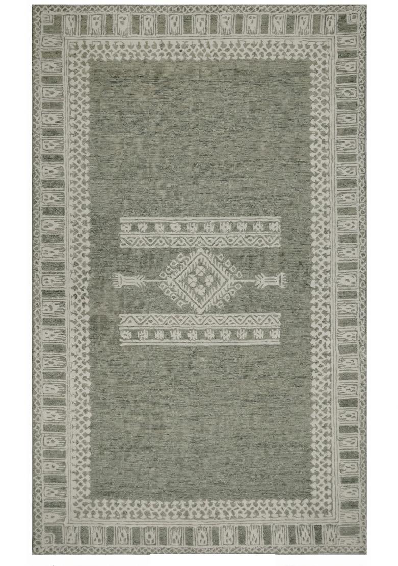 Saffron Rugs Hand Tufted Sage Green Geometric Bohemian Rectangular Wool Area Rug - Indya
