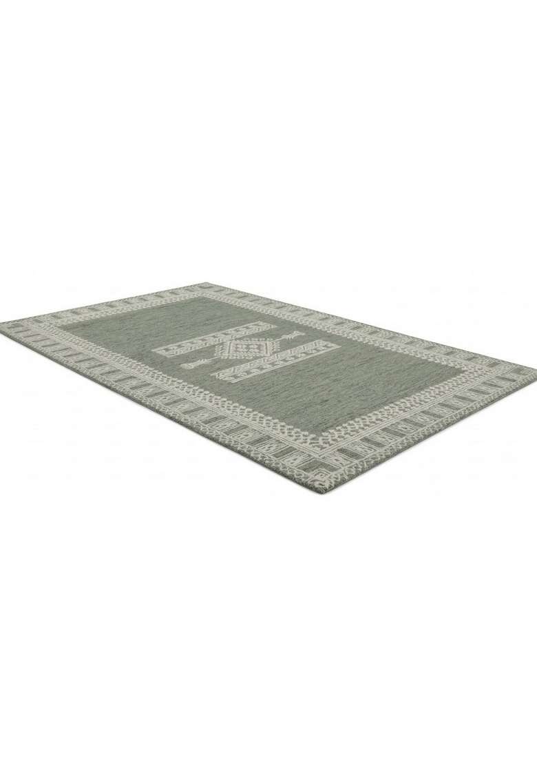 100% Wool Handmade Sage Green Rug | Bohemian Geometric Carpet With Cotton Backing For Living Room - Indya