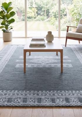 Saffron Rugs Hand Tufted Steel Blue Geometric Bohemian Rectangular Wool Area Rug