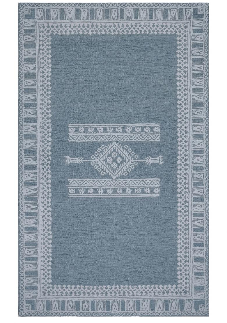 Saffron Rugs Hand Tufted Steel Blue Geometric Bohemian Rectangular Wool Area Rug - Indya