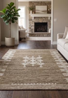 Saffron Rugs Hand Tufted Warm Taupe Brown Geometric Bohemian Rectangular Wool Area Rug