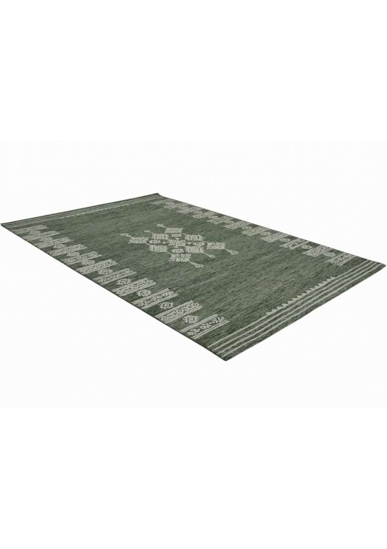 100% Wool Handmade Sage Green Rug | Bohemian Geometric Carpet With Cotton Backing For Living Room - Indya