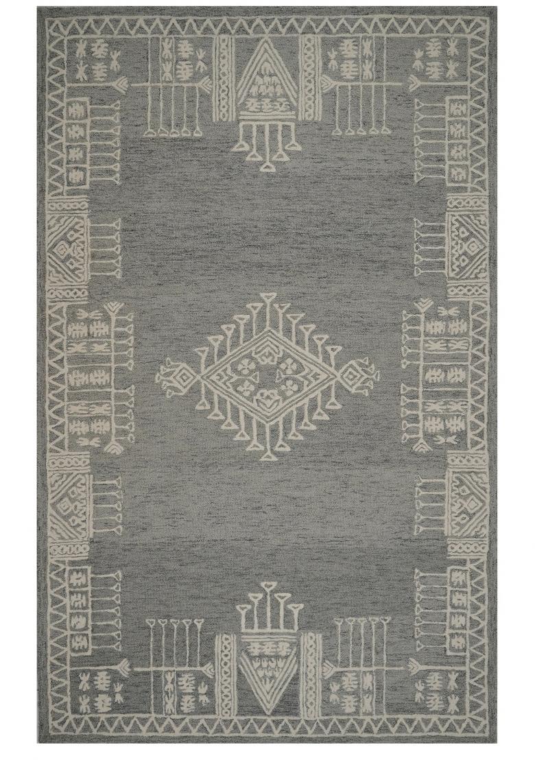 Saffron Rugs Hand Tufted Charcoal Grey Geometric Bohemian Rectangular Wool Area Rug - Indya