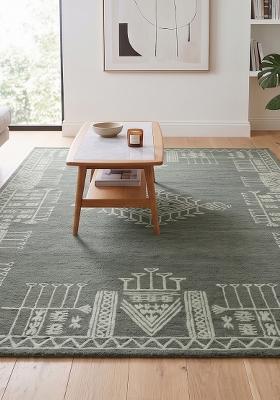 Saffron Rugs Hand Tufted Sage Green Geometric Bohemian Rectangular Wool Area Rug