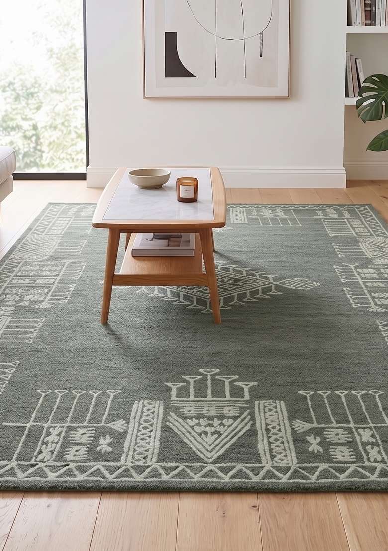 100% Wool Handmade Sage Green Rug | Bohemian Geometric Carpet With Cotton Backing For Living Room - Indya