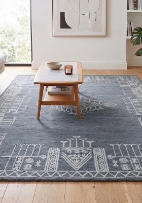 Saffron Rugs Hand Tufted Steel Blue Geometric Bohemian Rectangular Wool Area Rug
