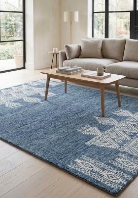 Saffron Rugs Hand Tufted Steel Blue Geometric Bohemian Rectangular Wool Area Rug