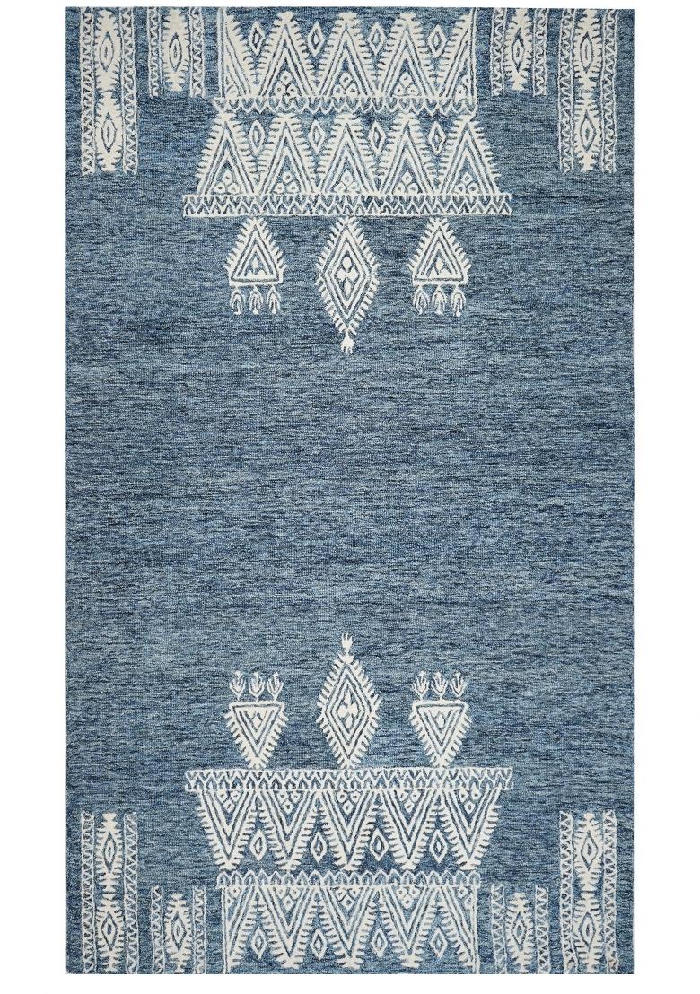 Saffron Rugs Hand Tufted Steel Blue Geometric Bohemian Rectangular Wool Area Rug - Indya