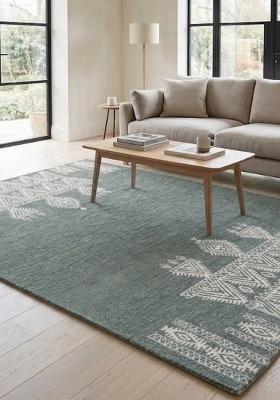 Saffron Rugs Hand Tufted Slate Grey Green Geometric Bohemian Rectangular Wool Area Rug