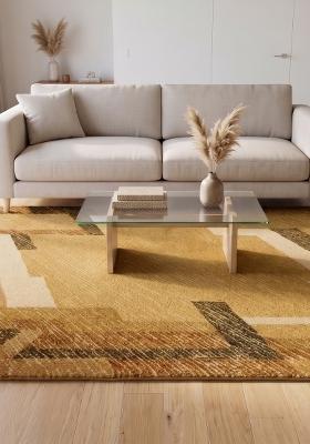 Saffron Rugs Hand Tufted Golden Tan Geometric Contemporary Rectangular Wool Area Rug