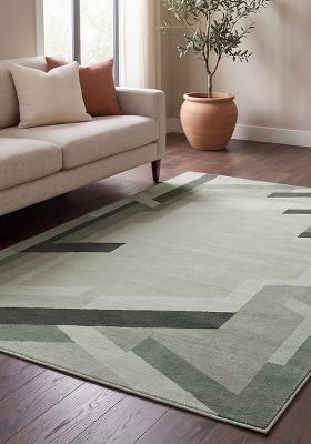Saffron Rugs Hand Tufted Sage Green Geometric Contemporary Rectangular Wool Area Rug