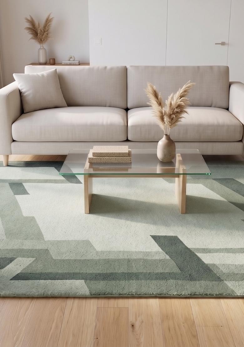 Saffron Rugs Hand Tufted Sage Green Geometric Contemporary Rectangular Wool Area Rug - Indya