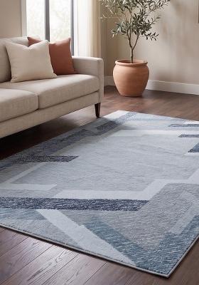 Saffron Rugs Hand Tufted Steel Blue Grey Geometric Contemporary Rectangular Wool Area Rug