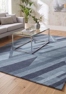 Saffron Rugs Hand Tufted Steel Blue Geometric Contemporary Rectangular Wool Area Rug